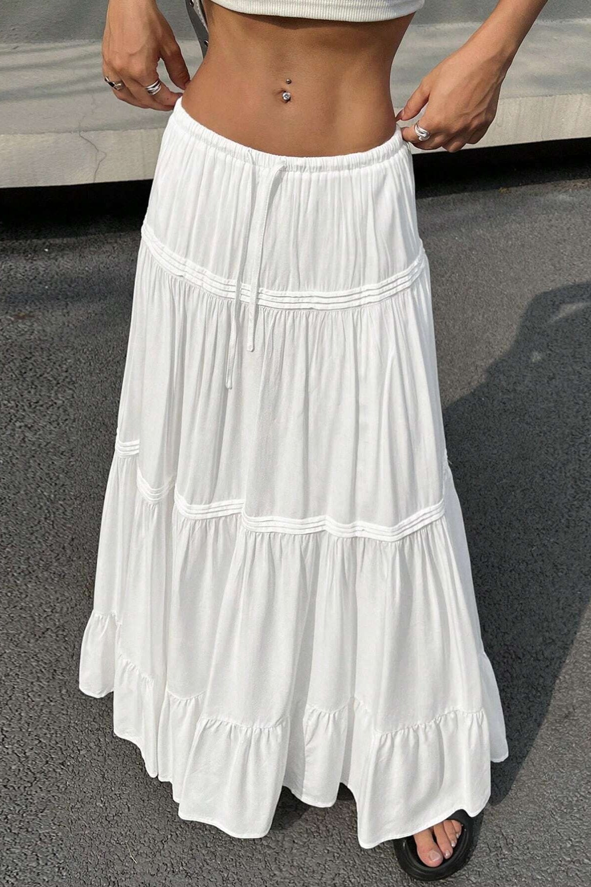 White Casual Tiered Midi Skirt