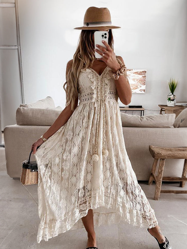 Lace Boho Long Slip Dress for Women - Tassel V Neck High Low Sundress- Summer Beach Vacation 2026