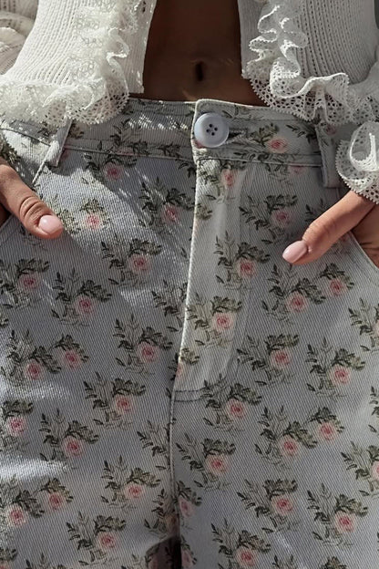 High Waist Printed Light Blue Jean