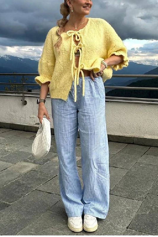 Lace Up Bow Flared Sleeve O-Neck Cardigan Sweater