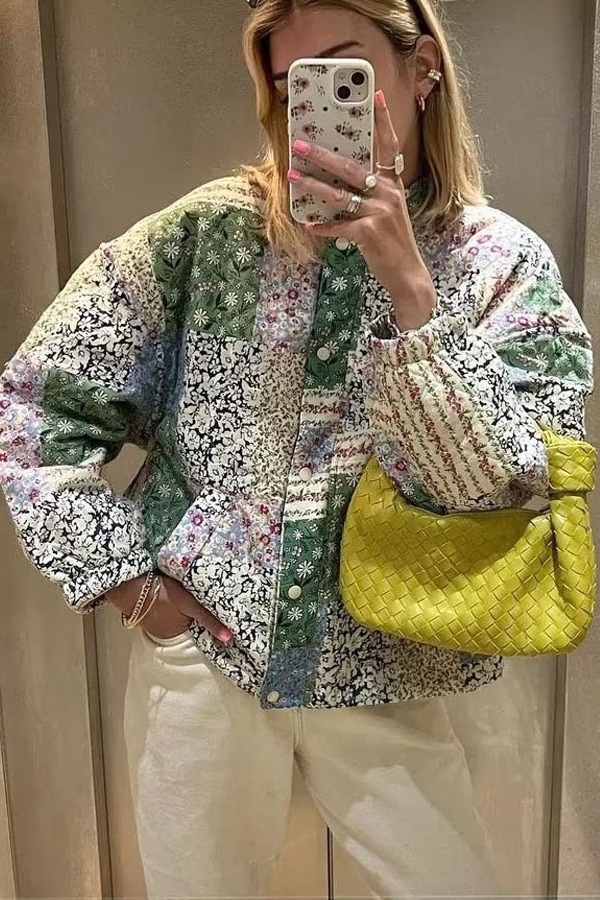 Loose Stand Collar Long Sleeve Floral Printed Cotton Jacket
