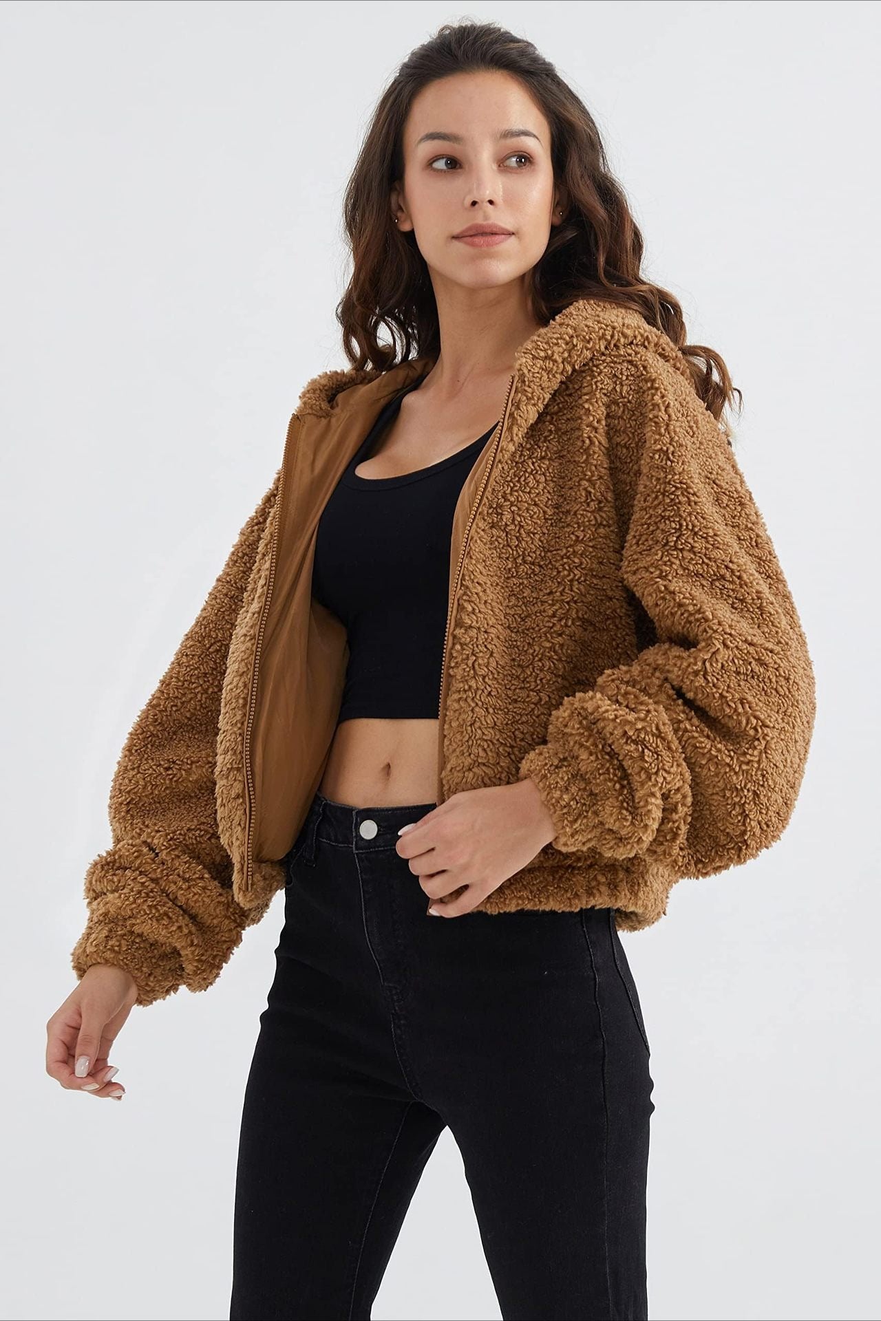 Fuzzy Hooded Zip Short Jacket