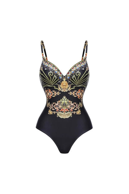 Black Gold Print Strappy One Piece Swimsuit