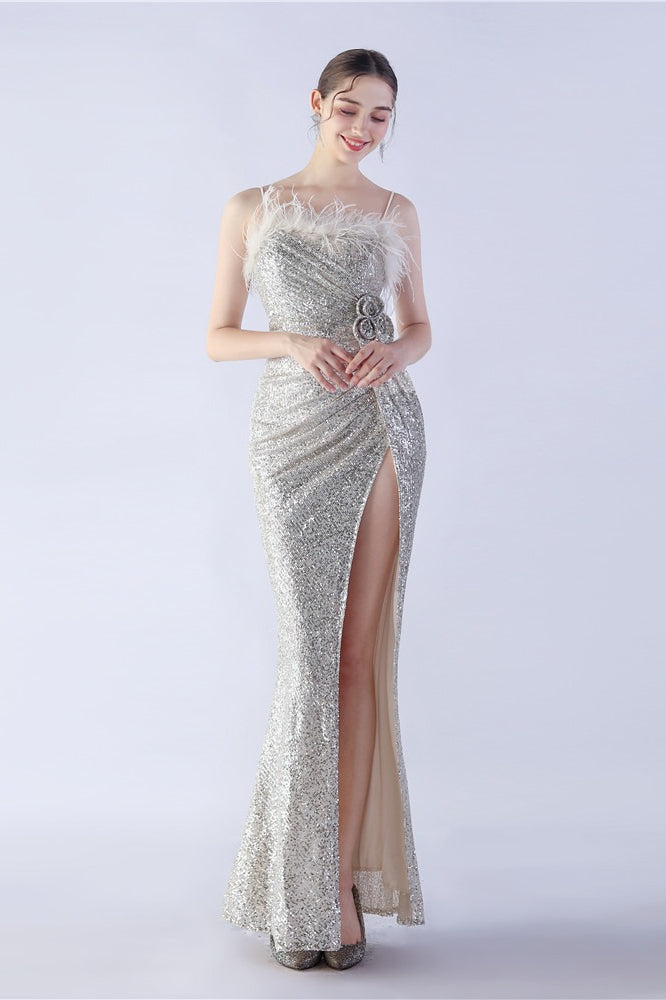 Ostrich Feather Embellished Maxi Dress