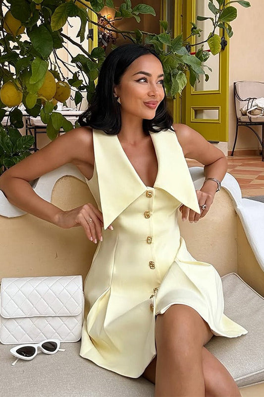 Sleeveless Oversized Pointed Lapel Button Front A-Line Mini Shirt Dress