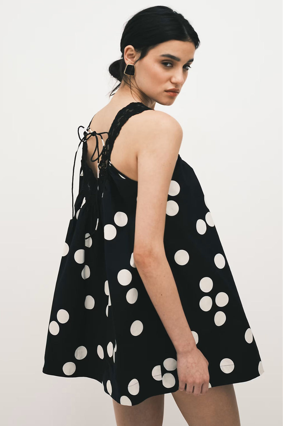 Polka Dot Lace Trim Deep V-Neck Swing Babydoll Mini Dress