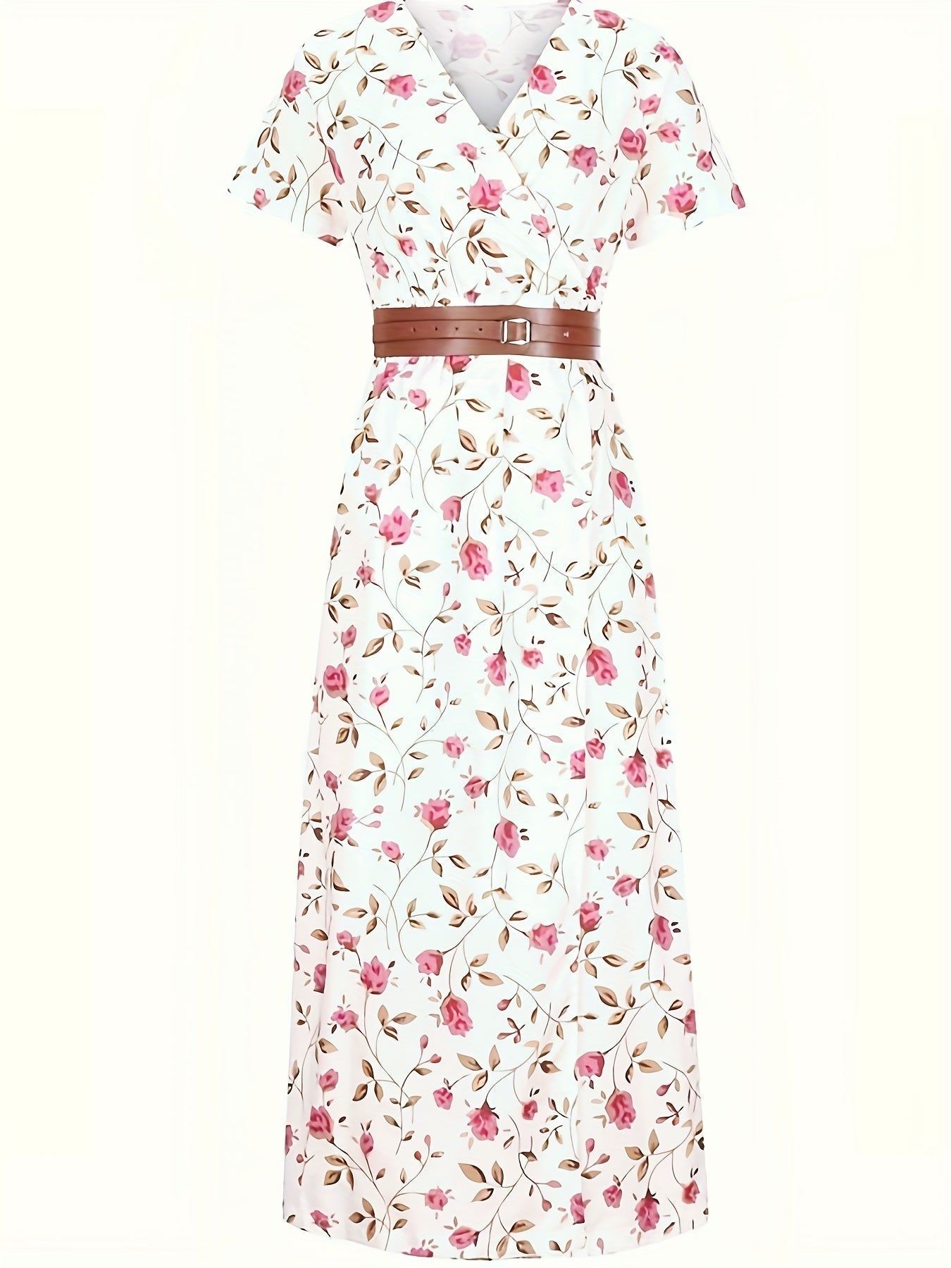 Paisley Print V-Neck Short Sleeve Belted Side Slit Maxi Dress