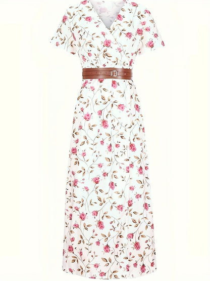 Paisley Print V-Neck Short Sleeve Belted Side Slit Maxi Dress