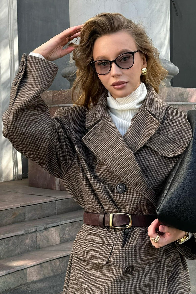 Houndstooth Wool Blend Long Coat