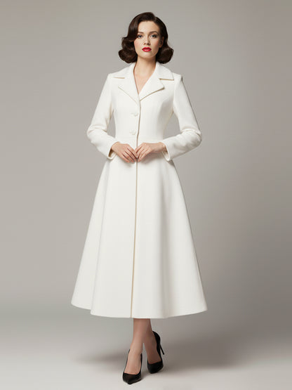 Vintage Classic Lapel A-line Woolen Flared Coat In White For Women 2026