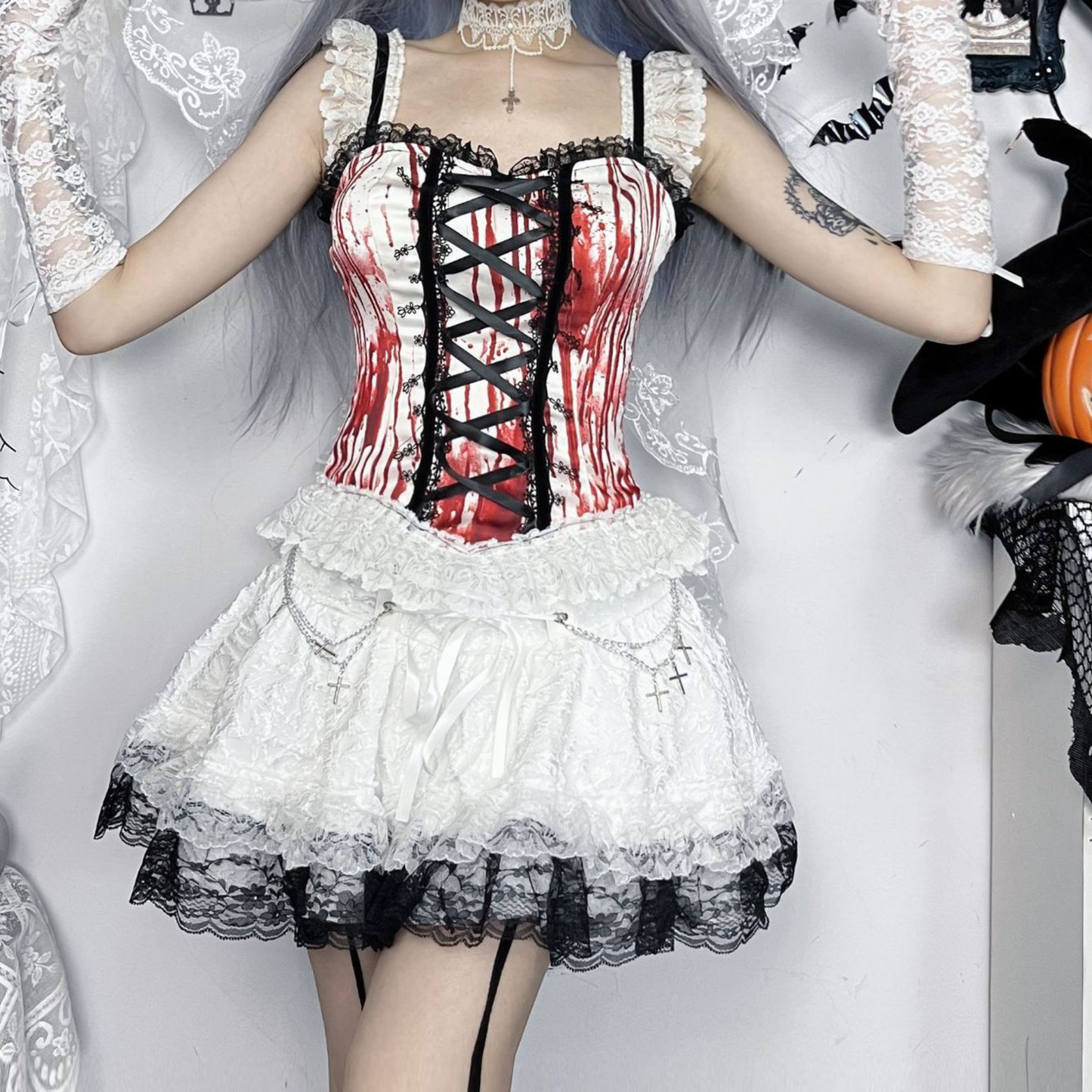 Lace up metal chain lace hem mini skirt