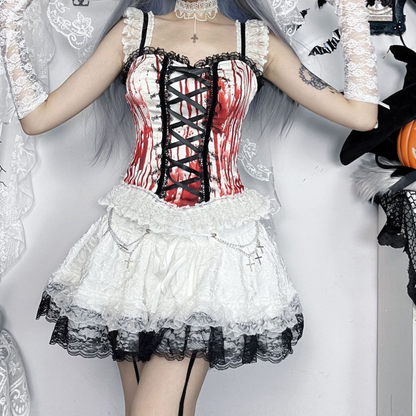 Lace up metal chain lace hem mini skirt