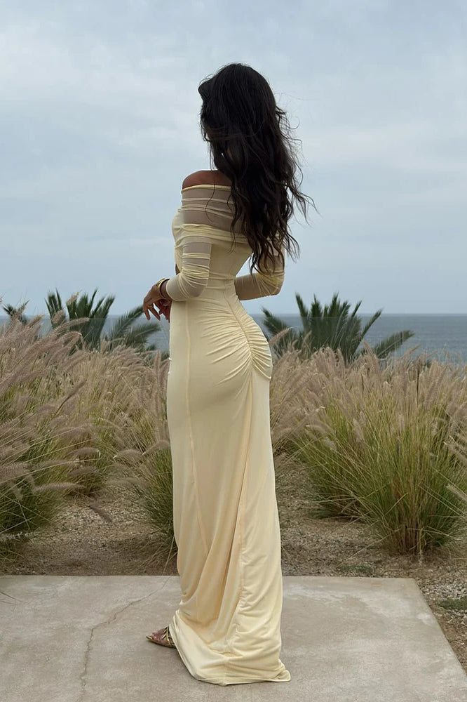 Sheer Mesh Cutout Off Shoulder Patchwork Maxi Dress