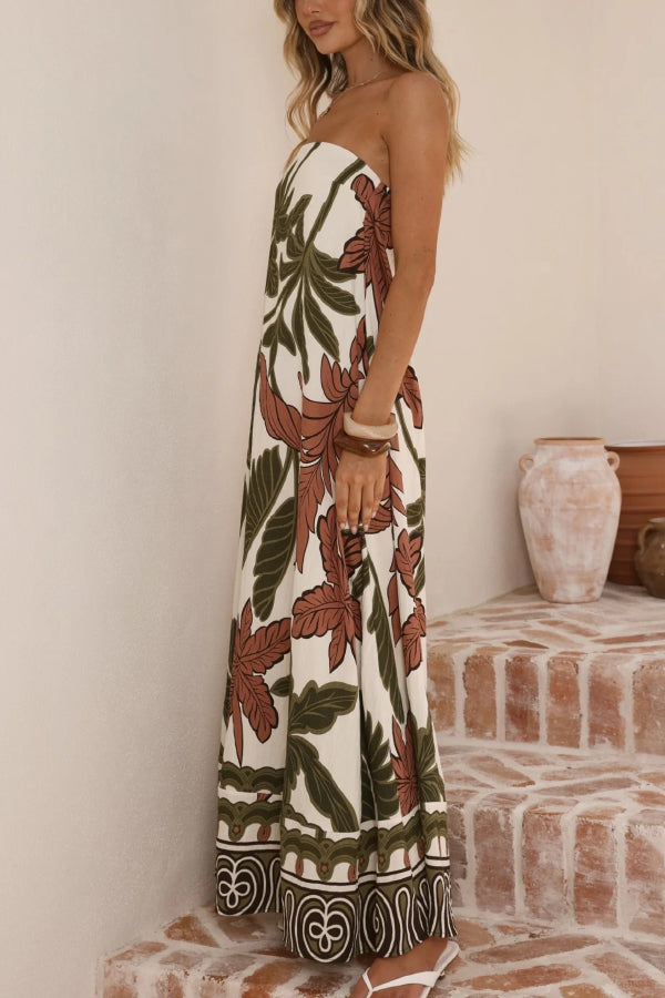 Botanical Print Sleeveless Off-shoulder Resort-style Loose Maxi Dress