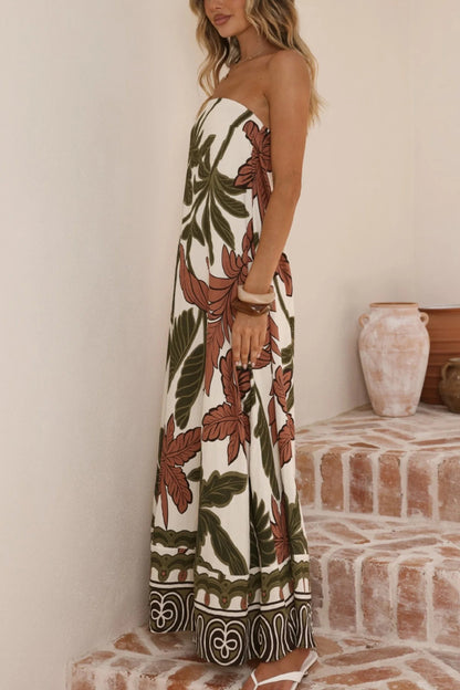 Botanical Print Sleeveless Off-shoulder Resort-style Loose Maxi Dress