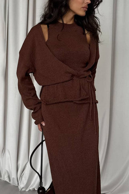 Chic Knit Vest & Bodycon Skirt with Belt Three Piece Set