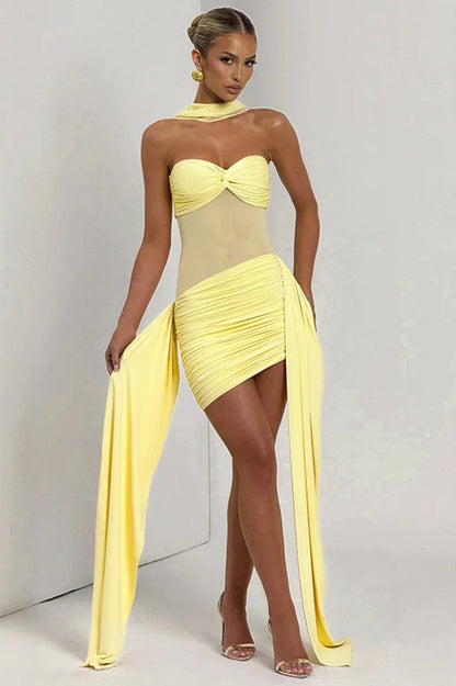 Strapless Twist Knot Mesh Panel Ruched Asymmetric Hem Mini Dress