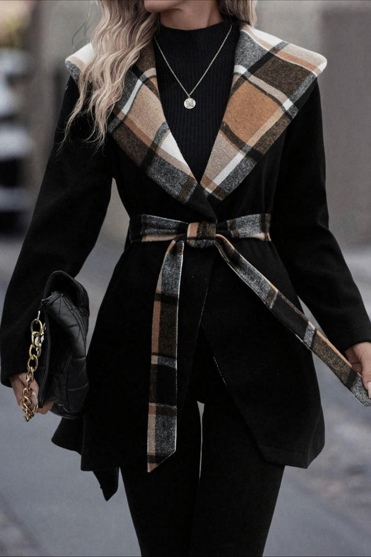Plaid Patchwork Belted Wool Coat