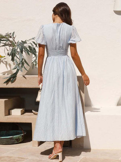 Butter Yellow Sundress Plunge Puff Sleeves Casual Summer Maxi Dress 2026