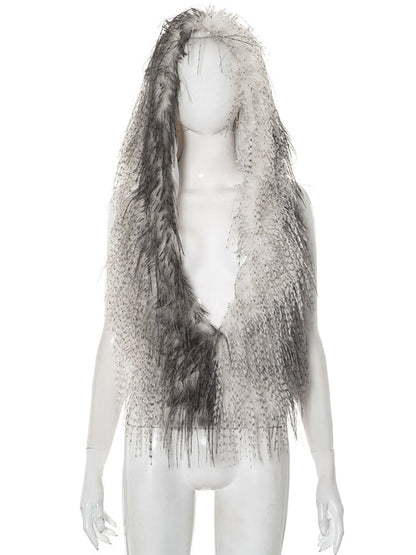 Faux Fur Backless Hooded Top With Fringe Hem For Women 2026