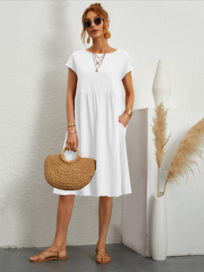 Short Sleeves Midi Shift Dress for Women - Minimalist Solid Color Loose T-shirt Dress with Pockets - Summer Daily Casual 2026