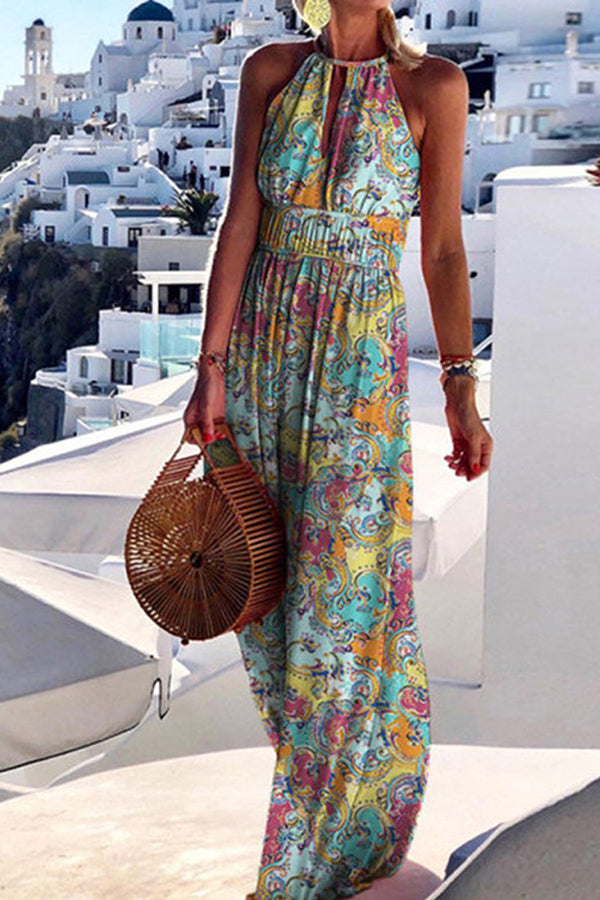 Round Neck Drawstring Print Dress