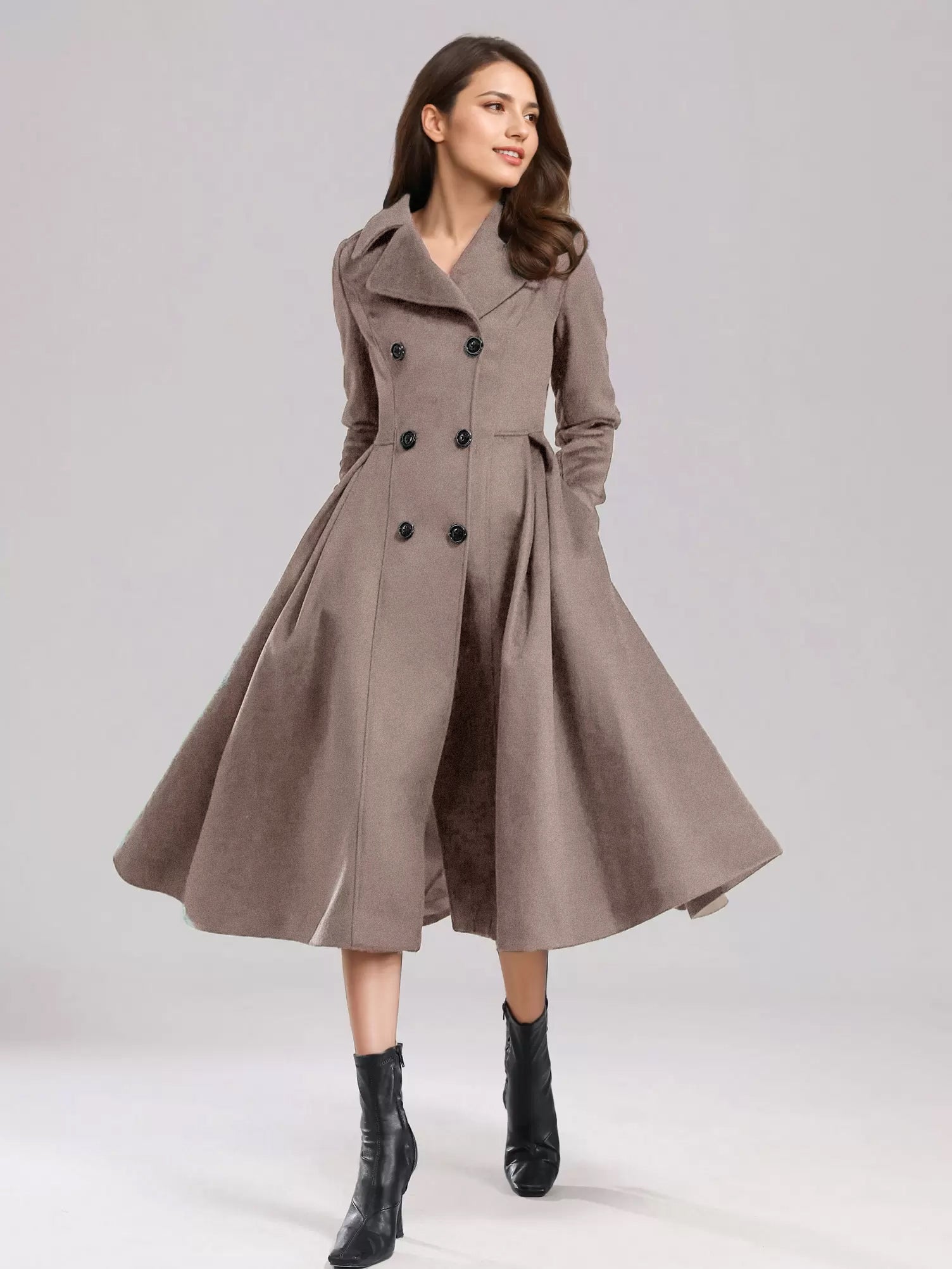 Green Woolen Flared Coat Double-breasted Wide Lapel Winter A-line Midi Outerwear 2026