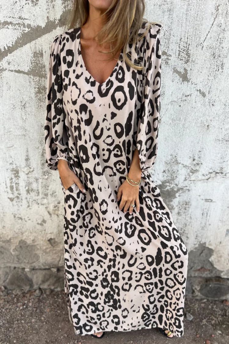 Leopard Print V-neck Pullover Long-sleeved Loose Dress