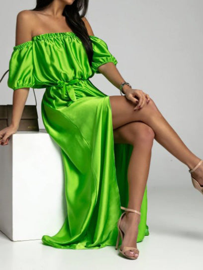 Off Shoulder Puff Sleeve Self Tie Waist Thigh Slit Satin Maxi Dress