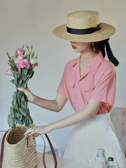 Celeste French Style V-Neck Top-Pink
