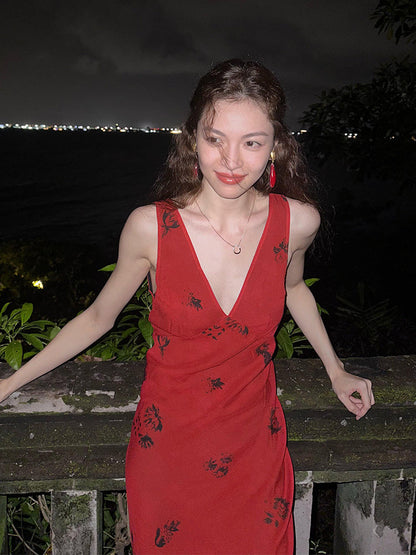 Vintage Red V-Neck Floral Maxi Dress