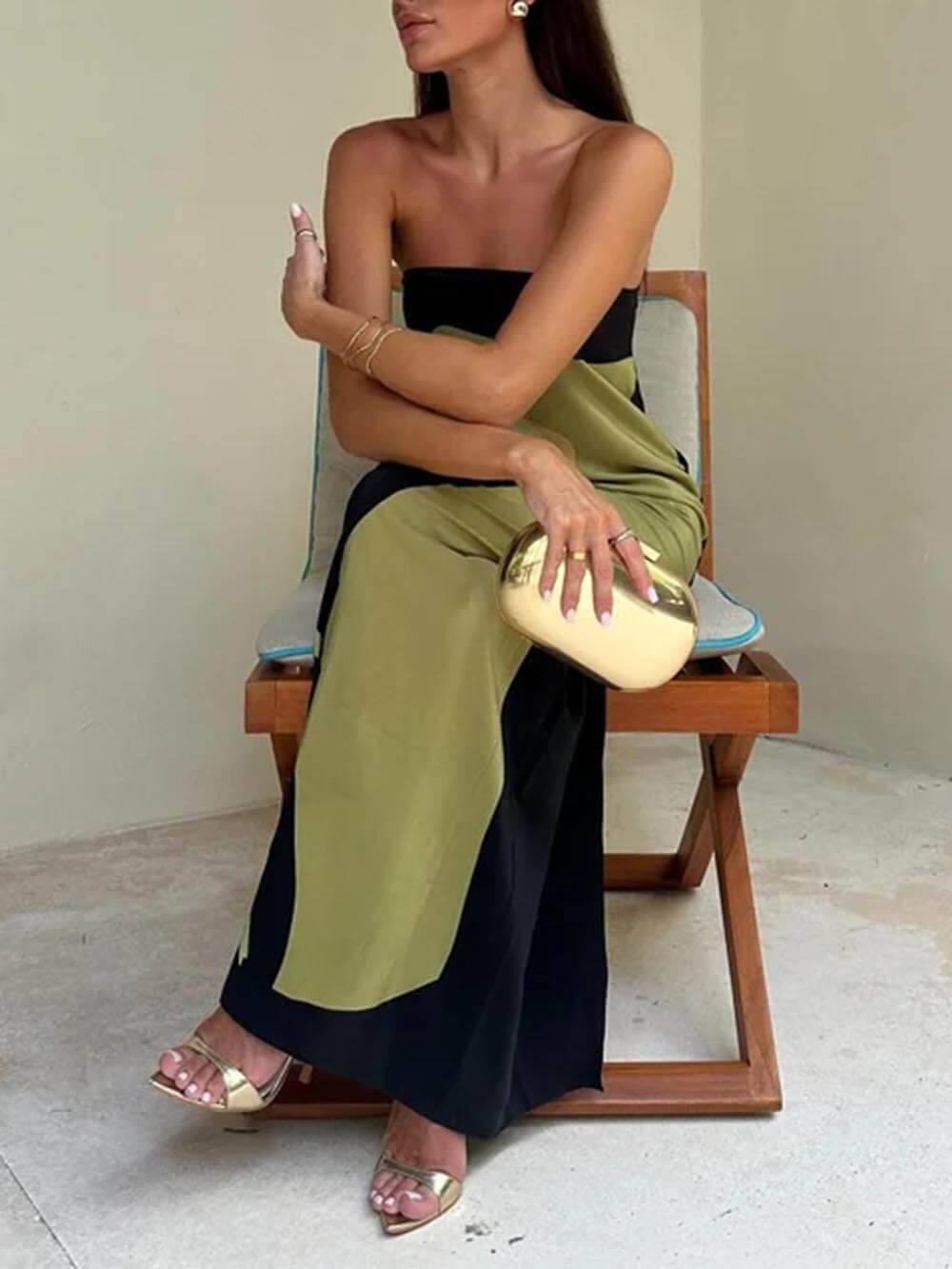 Strapless Abstract Botanical Print Column Maxi Dress