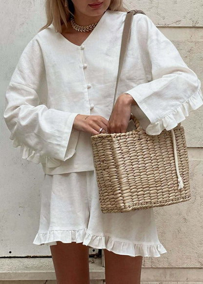 Linen Grace - Two-Piece Ruffle Trim Cotton-Linen Set