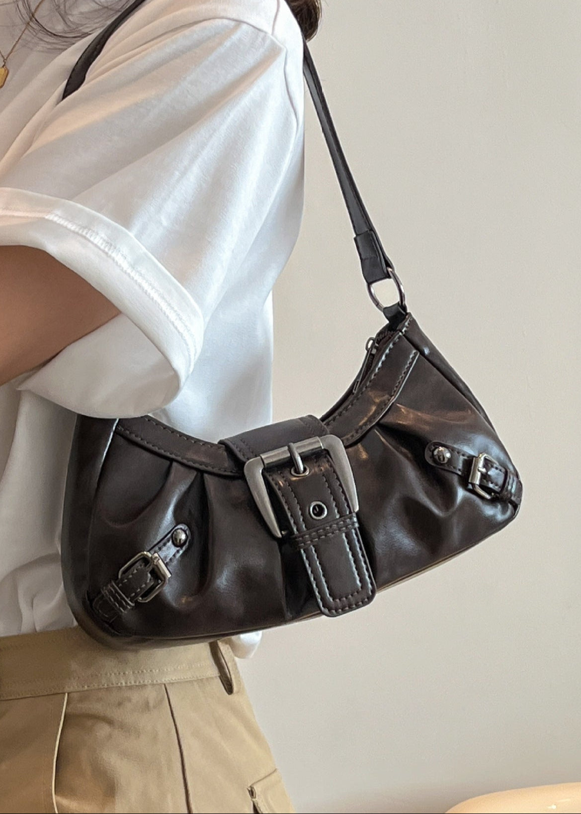 Marlette - Vintage Buckle Shoulder Bag in Coffee Brown