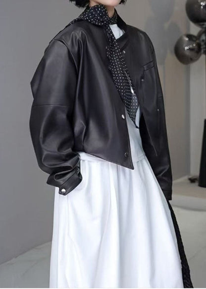 Urban Muse - Cropped Faux Leather Snap Jacket