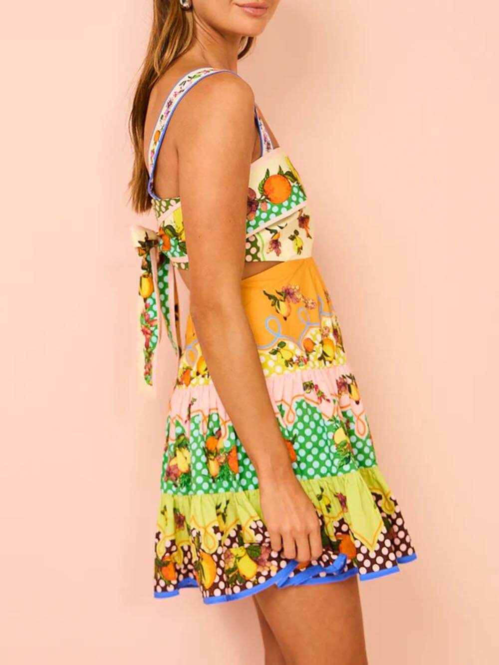 Fruit Print Tiered Ruffle Side Cutout Mini Dress