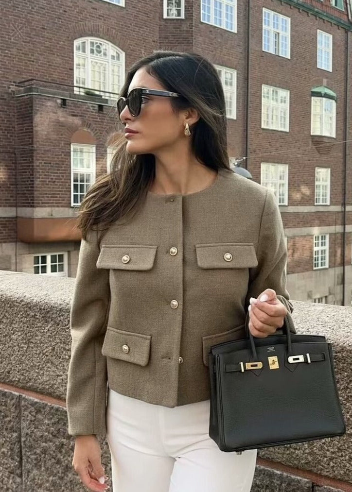TailoRed Tweed Cropped Jacket – Classic Elegance with Gold Button Accents