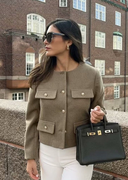 TailoRed Tweed Cropped Jacket – Classic Elegance with Gold Button Accents