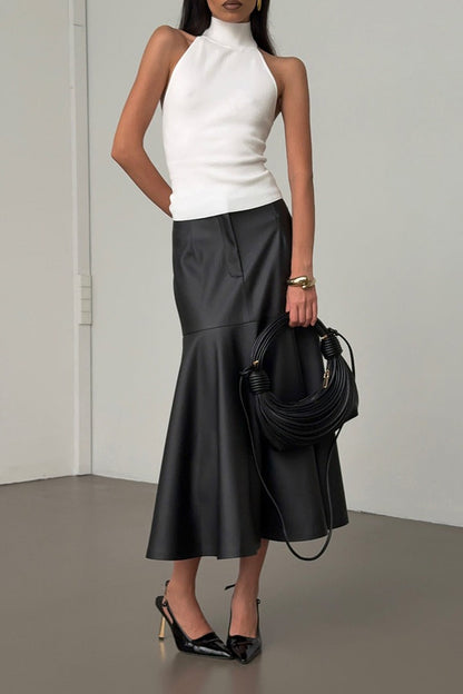 Vintage High-Waist A-Line Midi PU Leather Skirt