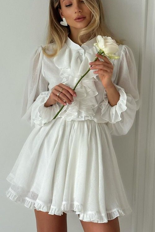 Stand Collar Ruffle Front Bishop Sleeve Flared Hem Mini Dress