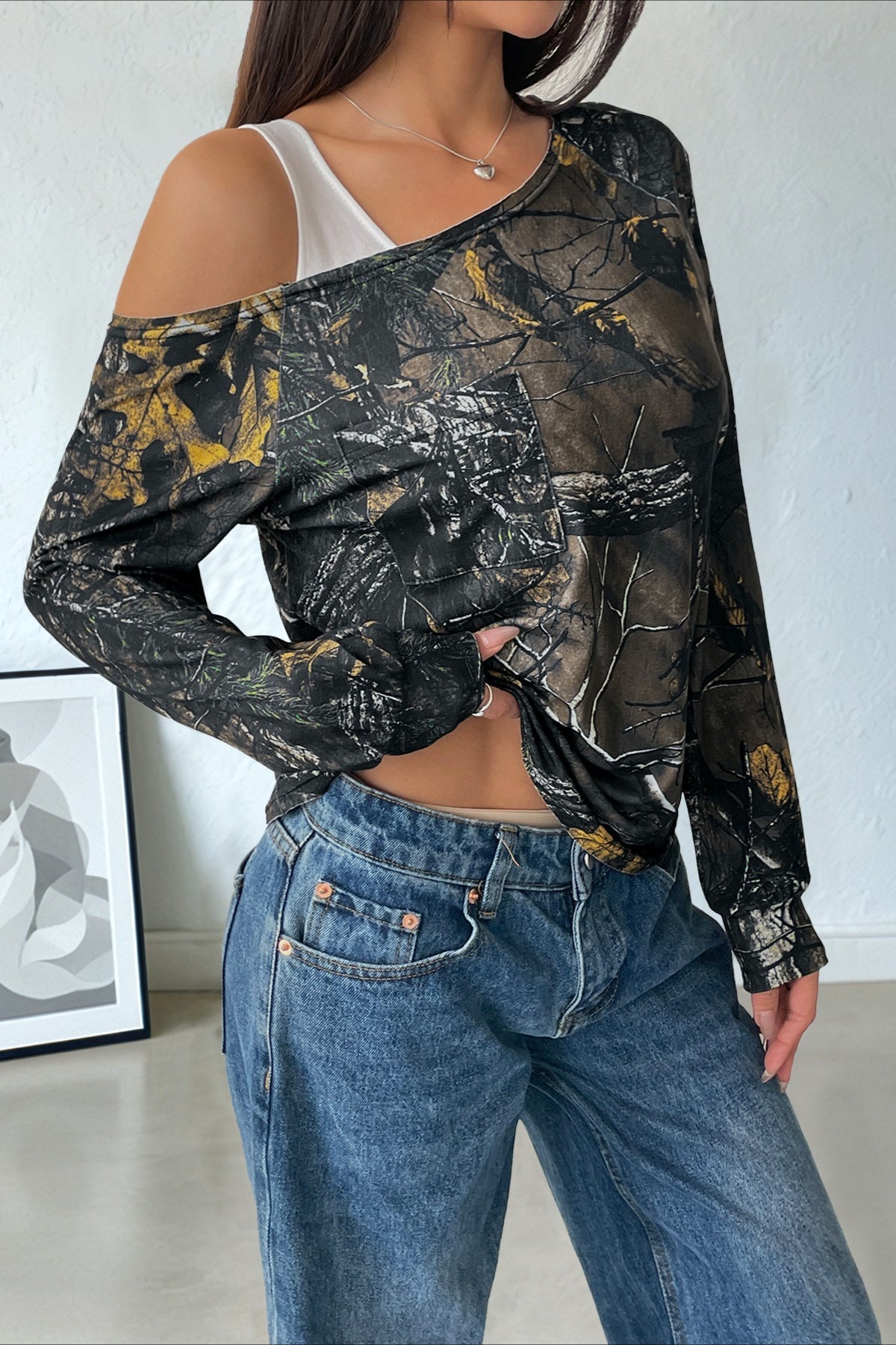 Patchwork Layered Asymmetrical Shoulder Long Sleeve Tee