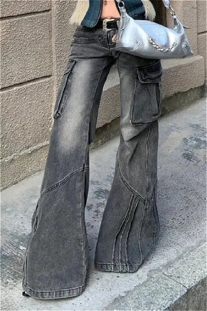 Black Pocket Design Low Waist Workwear Jeans