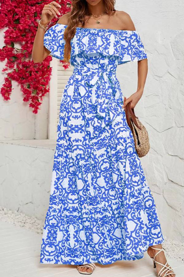 Off-shoulder short-sleeved printed ruffled maxi dress