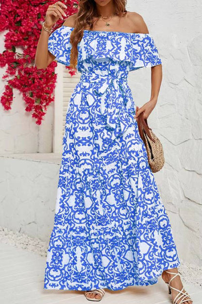 Off-shoulder short-sleeved printed ruffled maxi dress