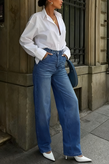 Stylish Pocket Casual Straight Wide Leg Women's Jeans