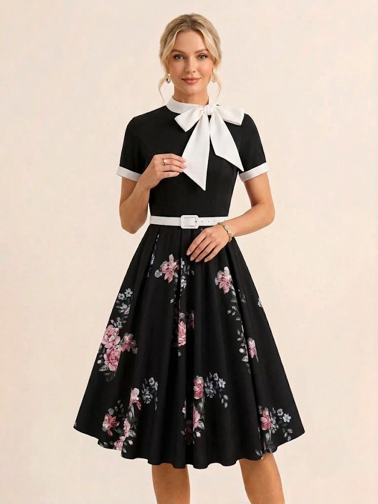 Vintage 1950s Midi Dress For Women - Bow Tie Neck Printed A-Line Swing Dress - Spring Tea Party 2026