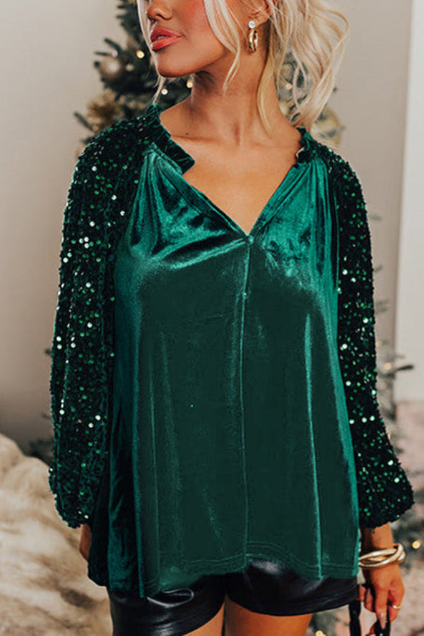 Sequin Patchwork Sleeve Button Up Velvet Top