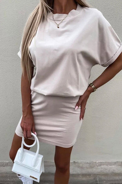 Crewneck Short Sleeve Waisted Solid Mini Dress
