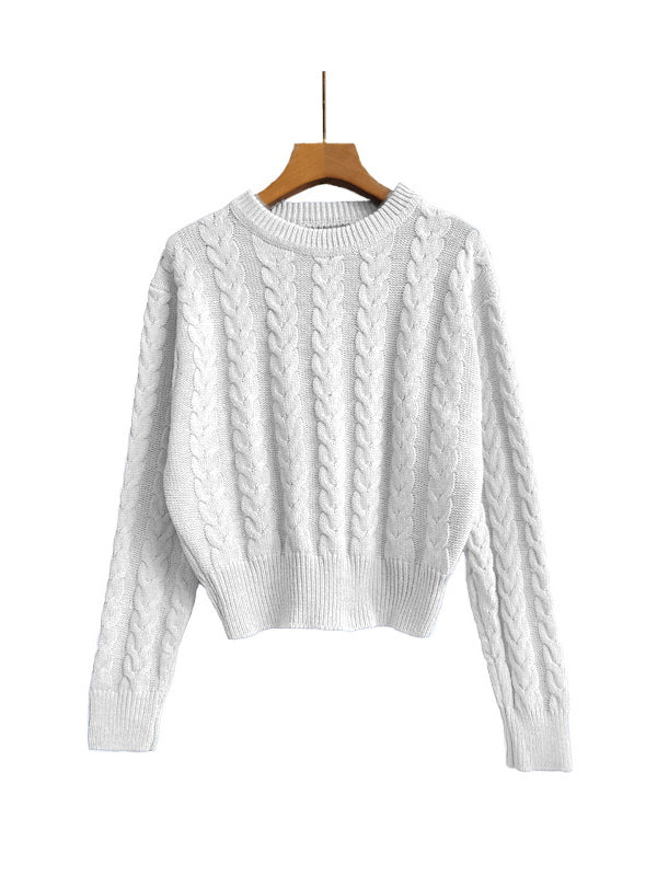 Women Pullover Sweater Baby Blue Jewel Neck Long Sleeves Cotton Sweaters