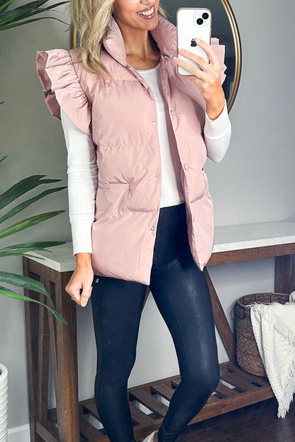 Casual stand-up collar, buttoned double pockets, flying ruffled sleeves vest